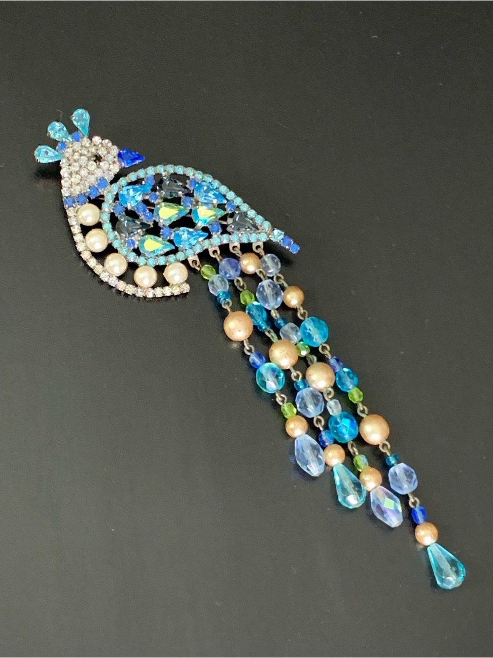 RARE~ Vintage Nicky Butler Peacock Dangle Brooch – Statement Crystal & Pearl